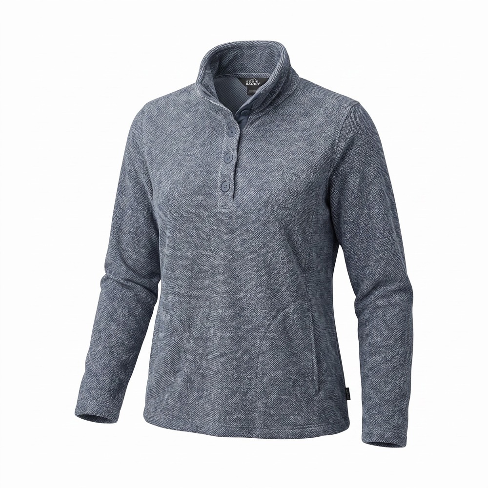 Eddie Bauer Fleece Pullover XL Blue Marl Button Mock Neck Gorpcore Comfort